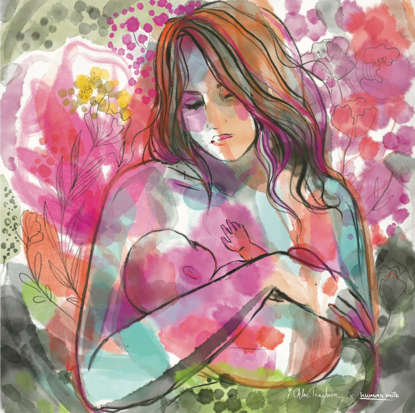 A colorful artistic depiction of a mother embracing her child, with a vibrant background of floral and botanical patterns.