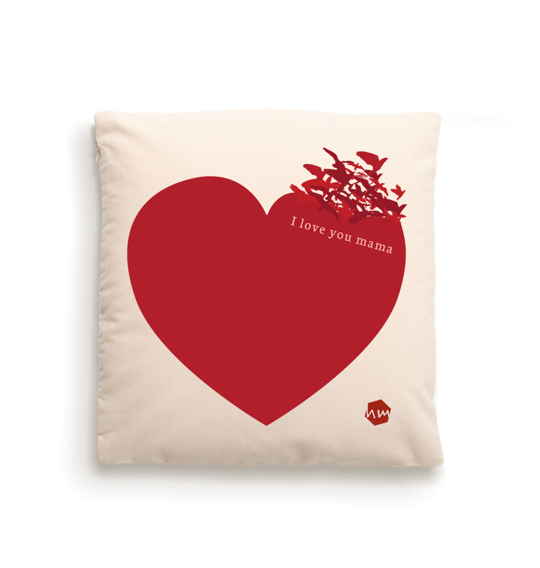 Natural Cushion Front with large red heart and the words I love you mama