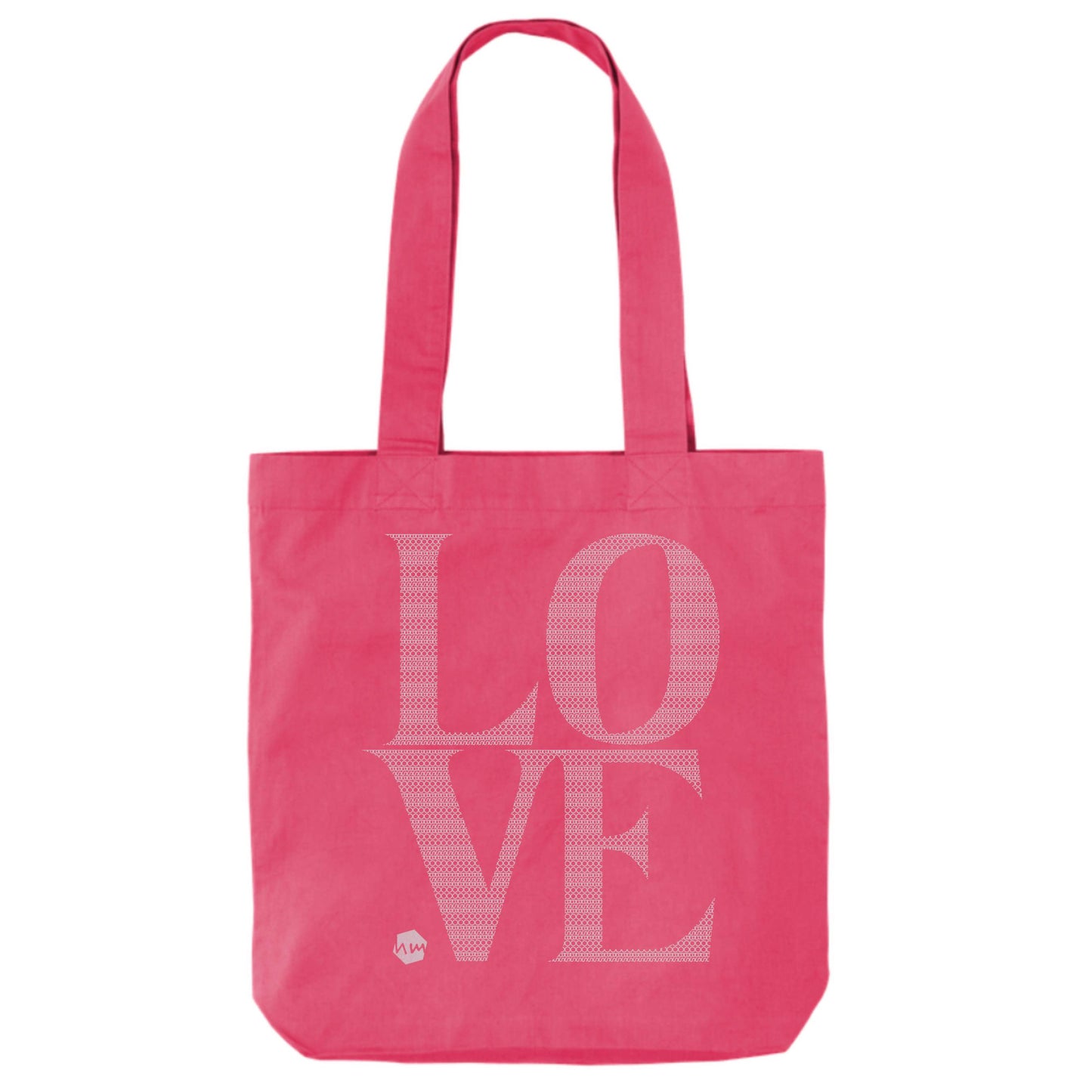 Black tote bag with 'LOVE' printed in dusky pink. The word LOVE is composed of a pattern made with the word BOOBS.