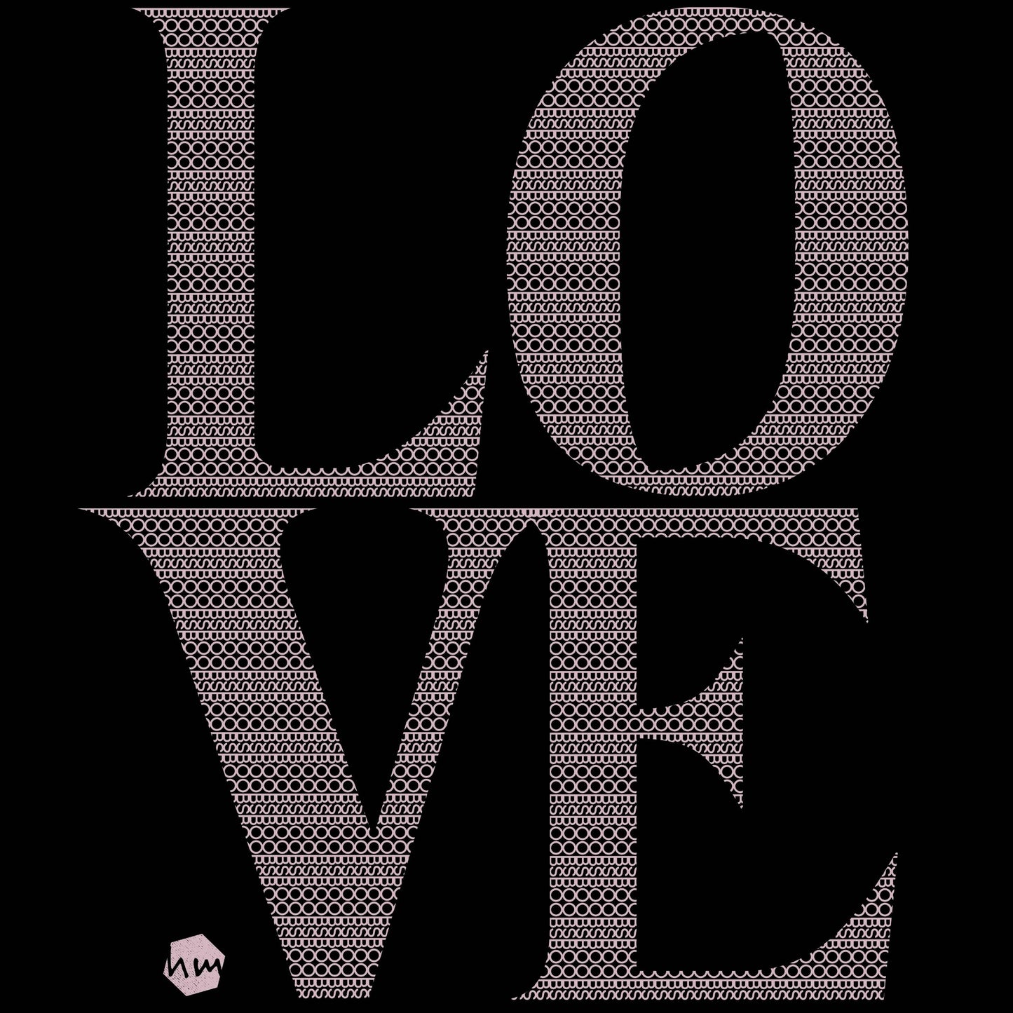 Text 'LOVE' with a on a black background. The word is composed of a pattern using the word BOOBS.
