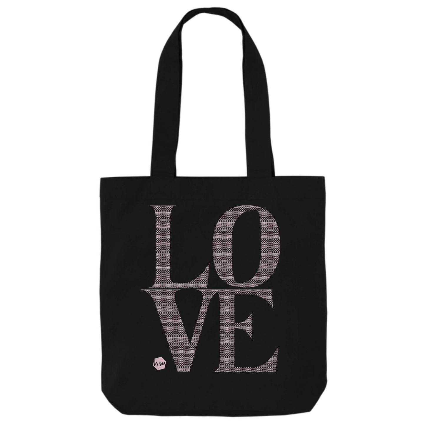 Black tote bag with 'LOVE' printed in dusky pink. The word LOVE is composed of a pattern made with the word BOOBS.