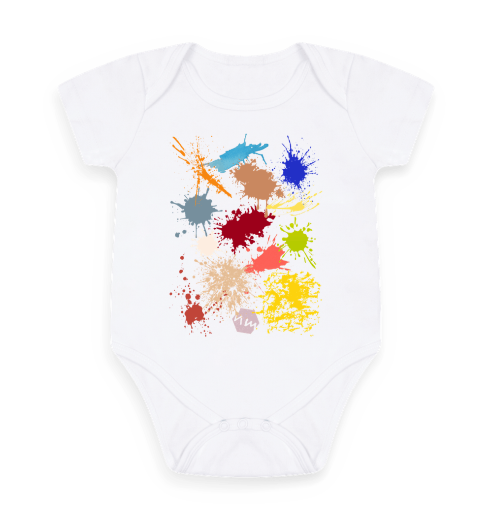 White Printed baby grow with brightly coloured paint on the front
