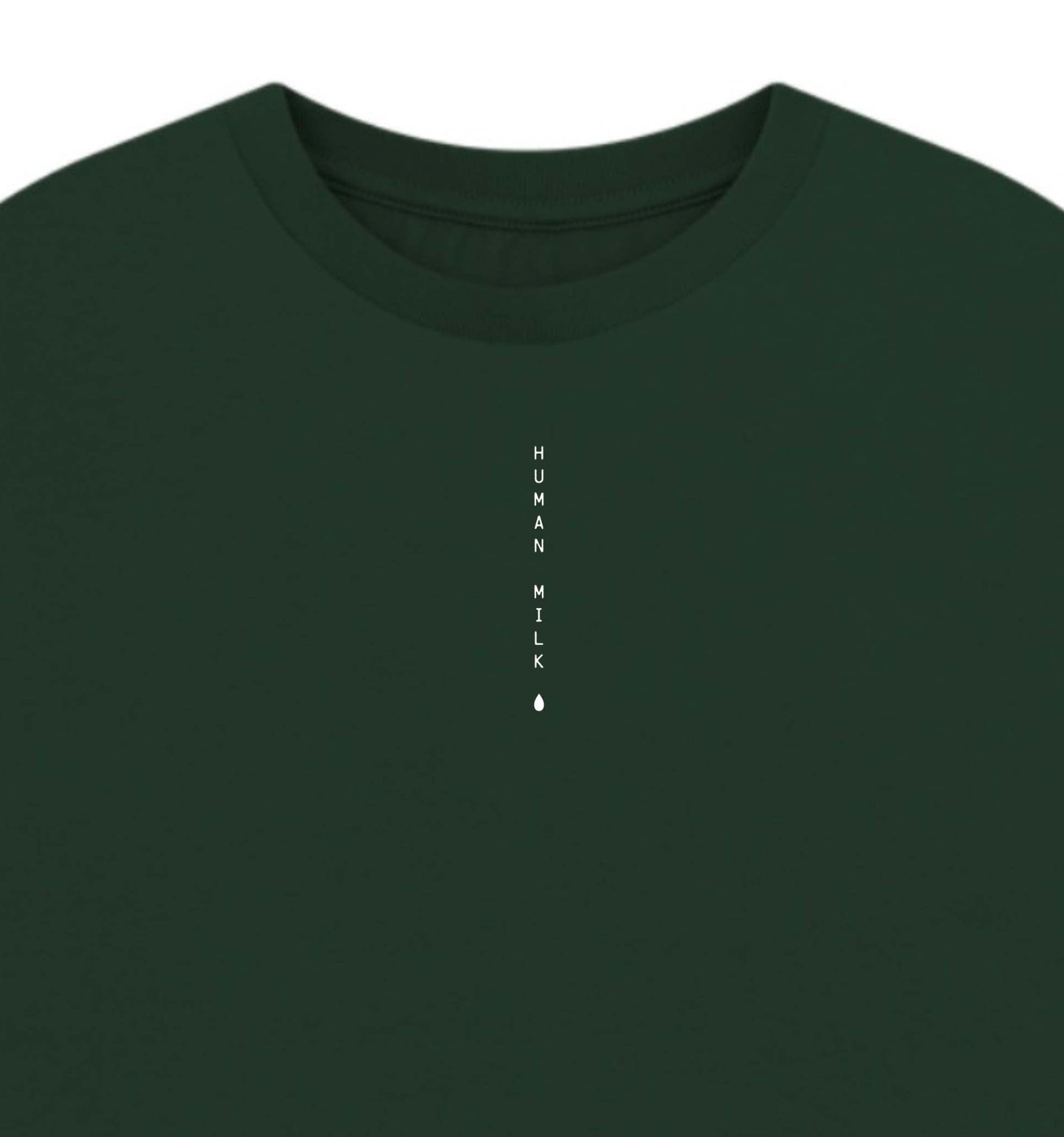 Human Milk logo writing on a green T-shirt
