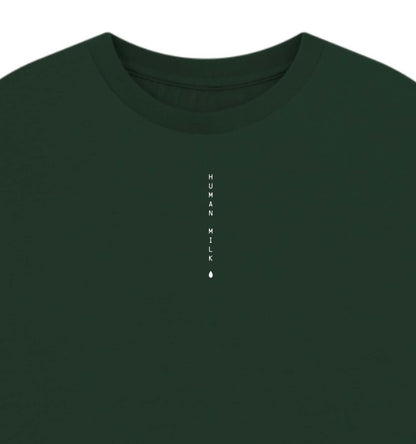 Human Milk logo writing on a green T-shirt