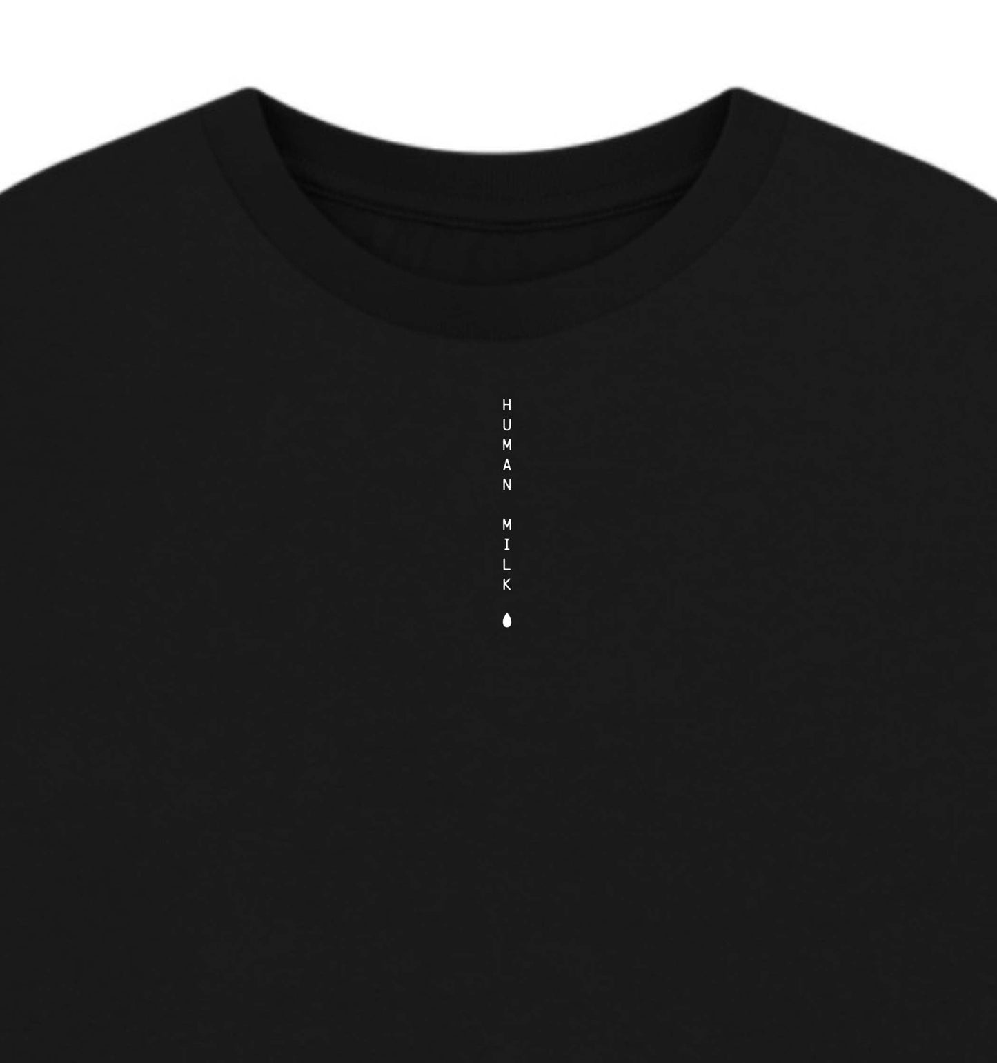 Human Milk logo writing on a black T-shirt