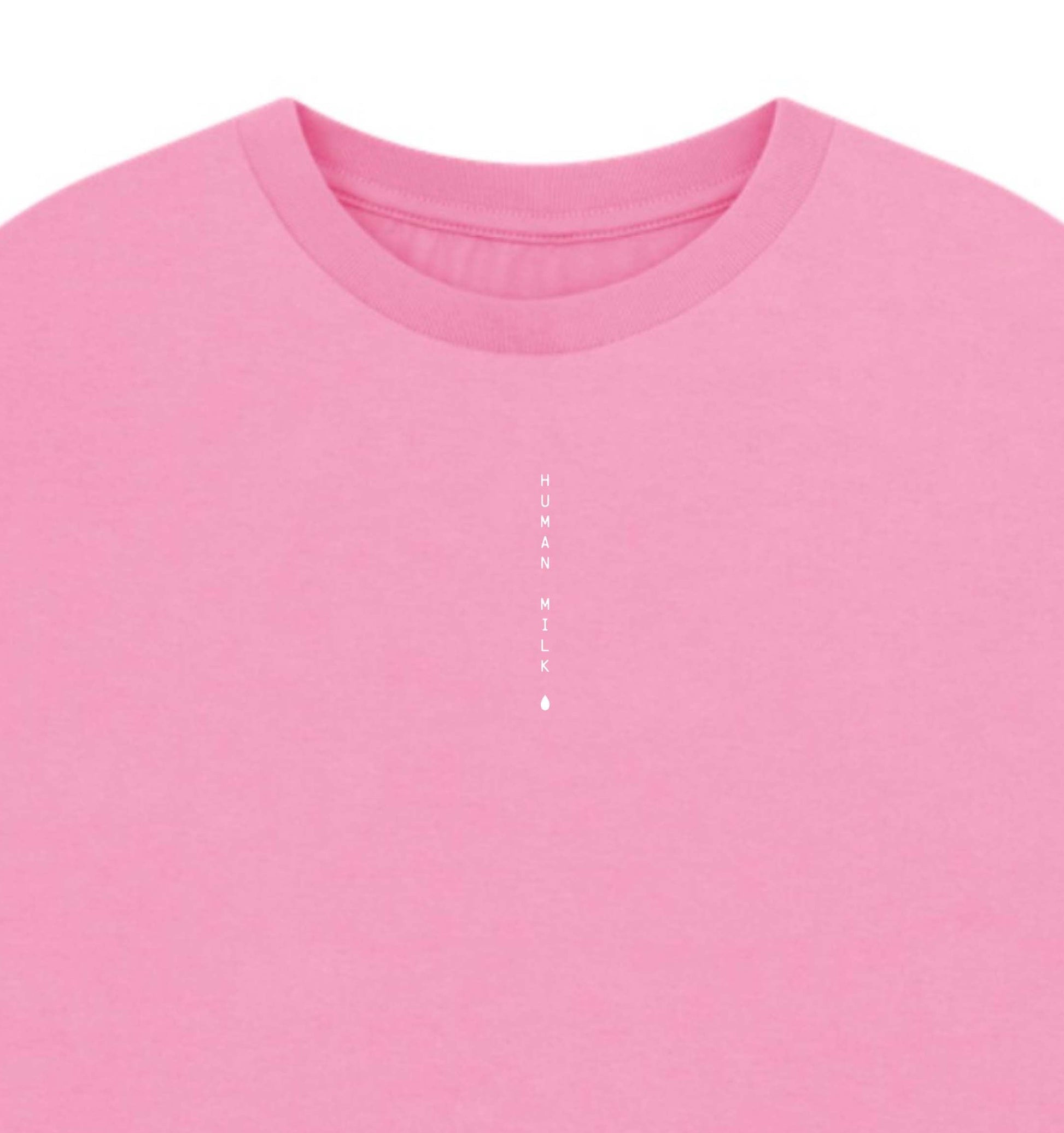 Human Milk logo writing on a pink T-shirt