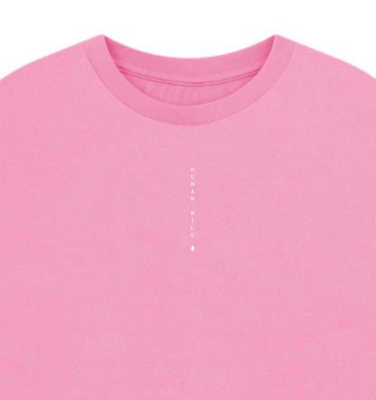 Human Milk logo writing on a pink T-shirt
