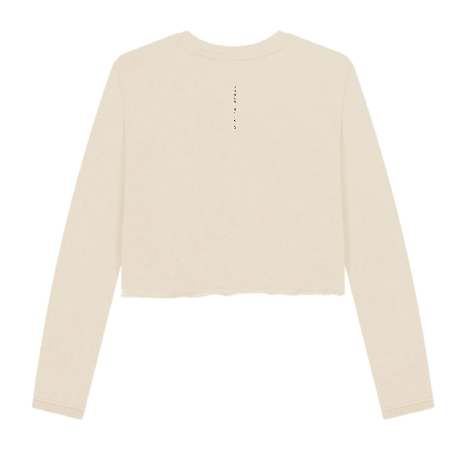 Oat coloured cropped Human Milk sweater on a white background, with the Human Milk logo written down the back of the sweater neck