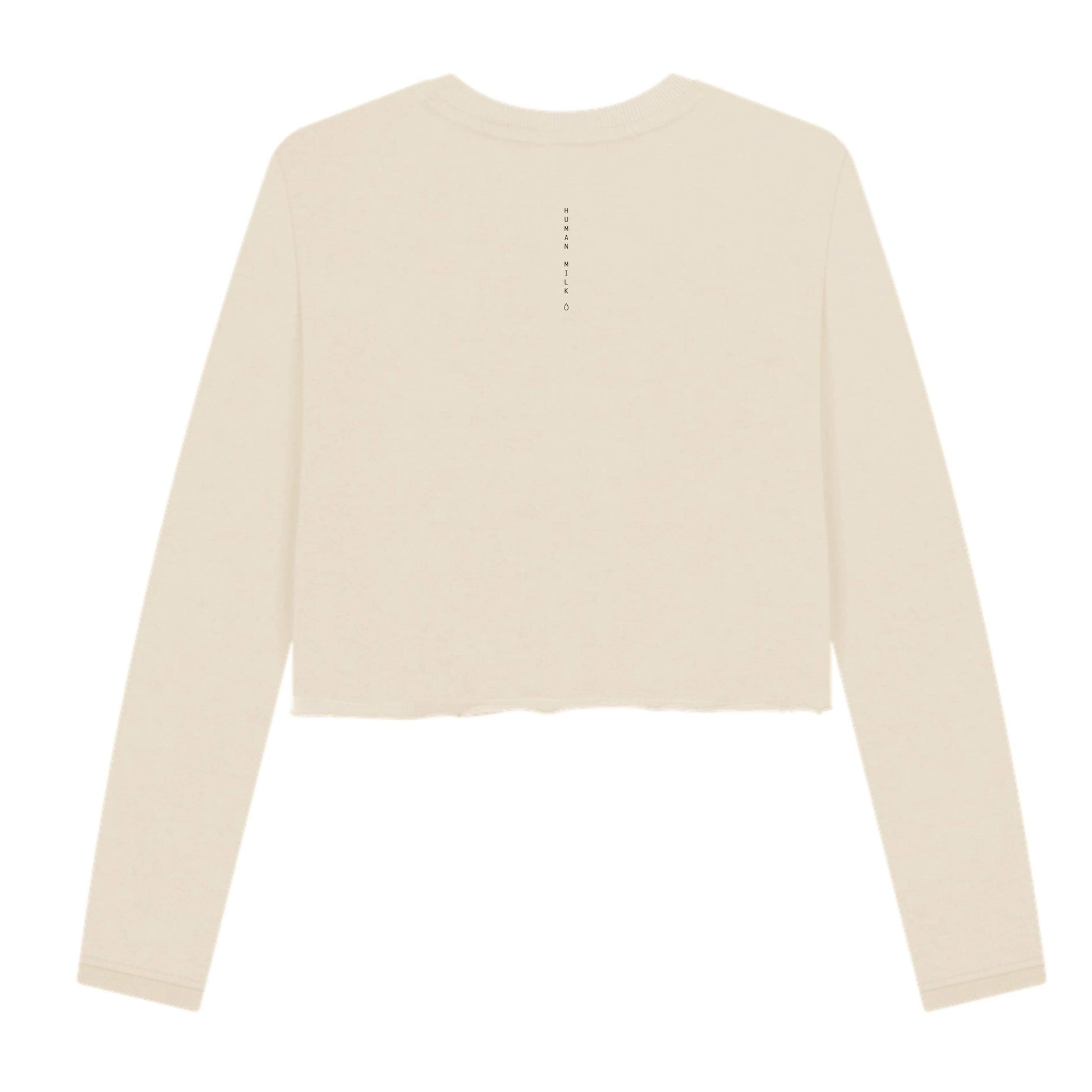 Oat coloured cropped Human Milk sweater on a white background, with the Human Milk logo written down the back of the sweater neck