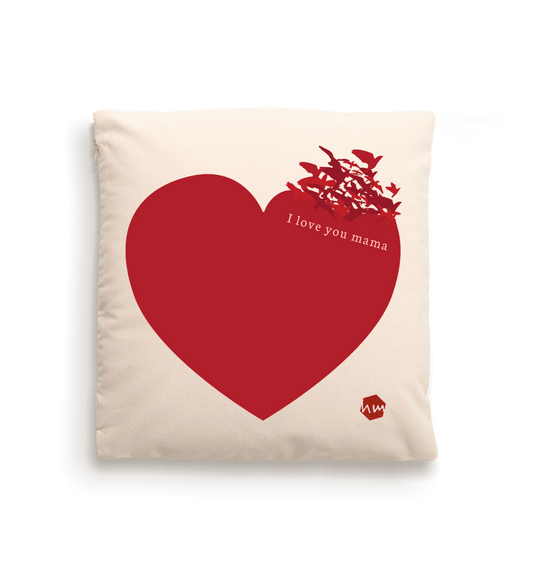 Natural Cushion Front with large red heart and the words I love you mama