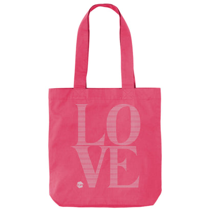 Black tote bag with 'LOVE' printed in dusky pink. The word LOVE is composed of a pattern made with the word BOOBS.