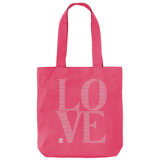 Black tote bag with 'LOVE' printed in dusky pink. The word LOVE is composed of a pattern made with the word BOOBS.