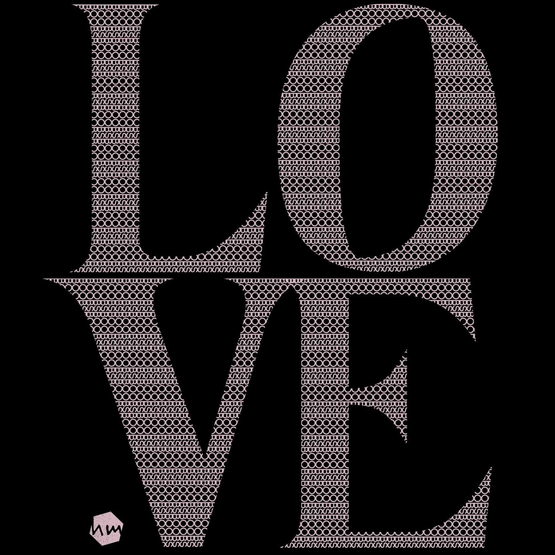 Text 'LOVE' with a on a black background. The word is composed of a pattern using the word BOOBS.