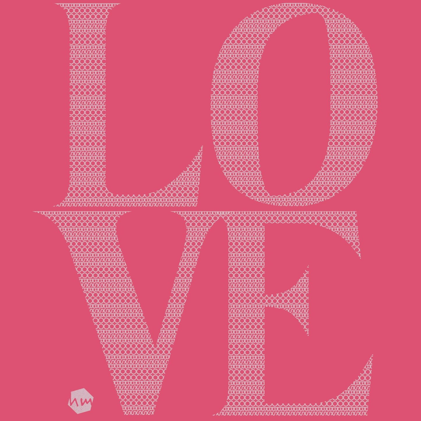 The word LOVE written in dusky pink on a raspberry colour background, with a Human Milk logo. The word LOVE is composed of a pattern using the word BOOBS.