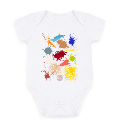 White Printed baby grow with brightly coloured paint on the front